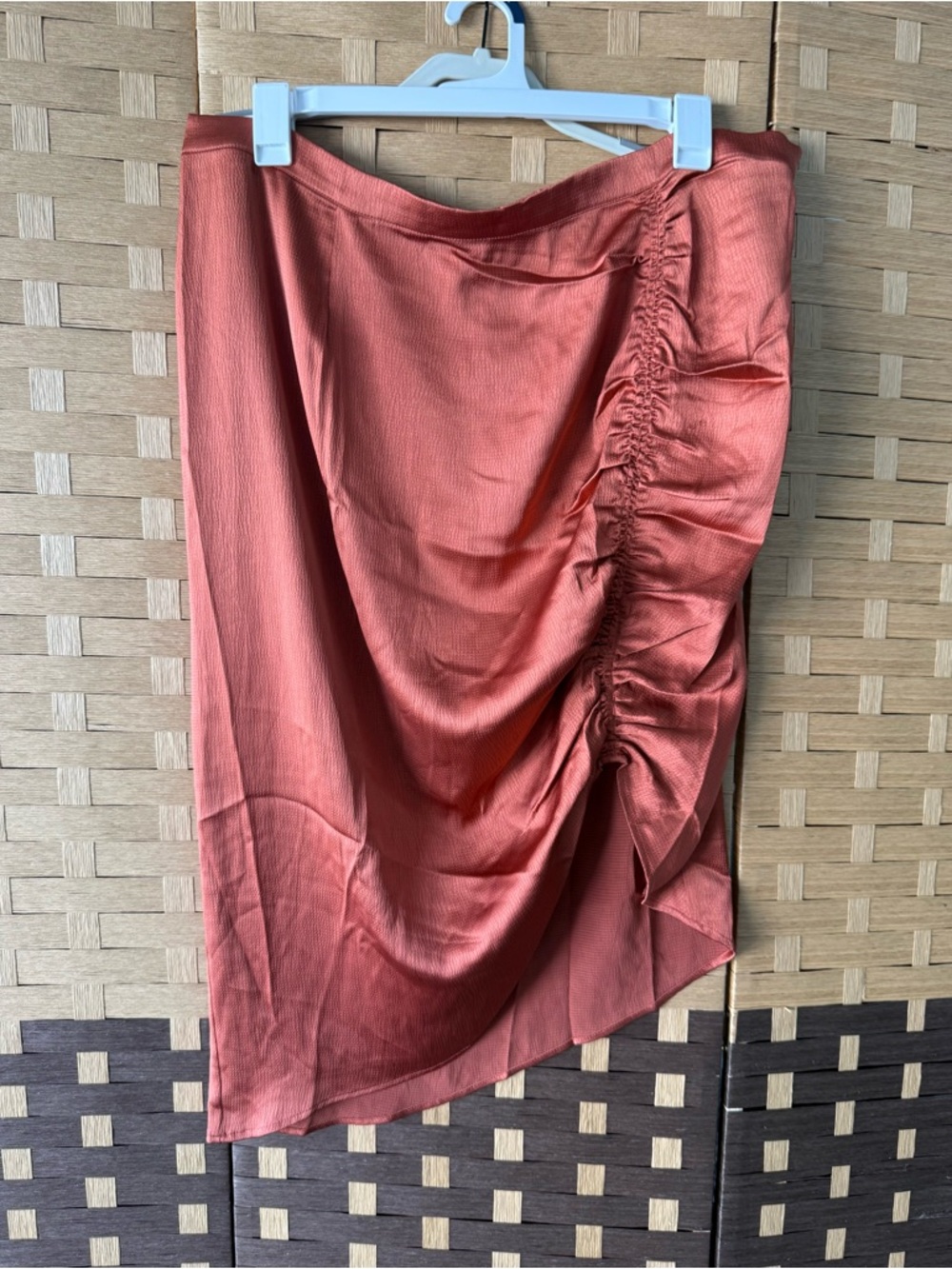 Skies Are Blue Shimmery Rose Gold Asymmetrical Ruched Satin Skirt